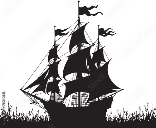 Black silhouette of a tall ship with sails and flags