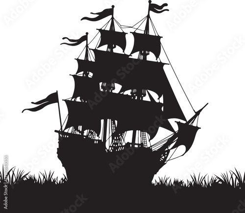 Black silhouette of a tall ship with sails and flags