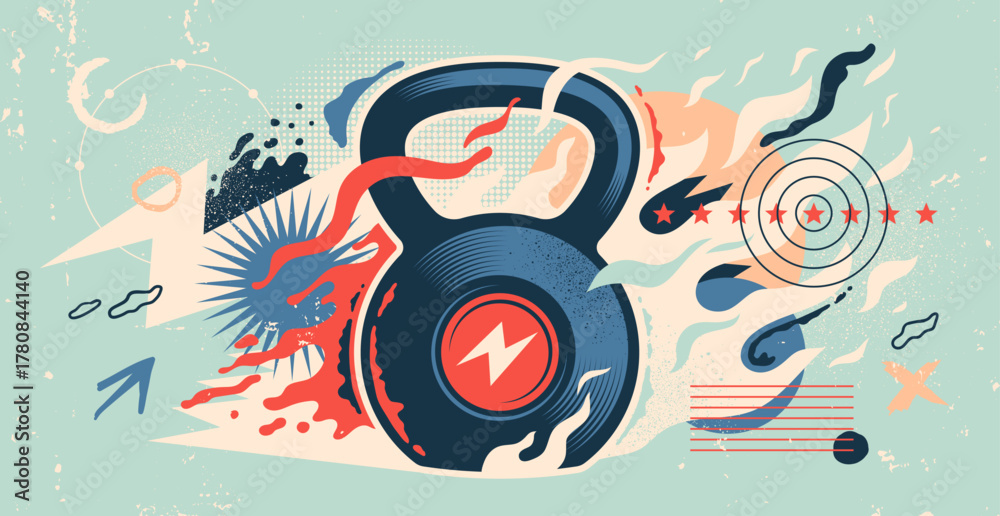 Naklejka premium Fitness illustration in abstract style with the kettlebell and colorful shapes. Vector illustration.