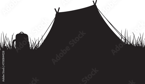 Black silhouette of a tent and backpack on grass black and white