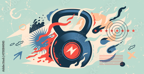 Fitness illustration in abstract style with the kettlebell and colorful shapes. Vector illustration.