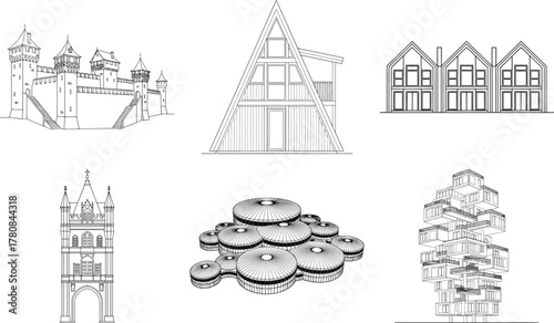 Collection of architectural sketches of various buildings and structures