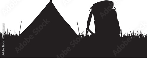 Black silhouette of a tent and backpack on grass camping