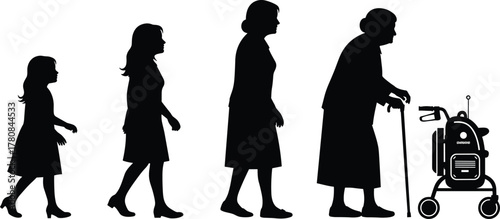 Woman, Female, Girl, Aging, Life, Stage, Silhouette, Vector, Outline, Icon, Graphic, Design, Illustration, Growth, Elderly