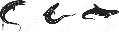 Eerie marine predators swimming, perfect for adventurous designs, mysterious themes, sea life projects, or dark nautical vibes, vectorized icons