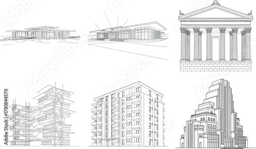 Assortment of architectural drawings featuring various building styles
