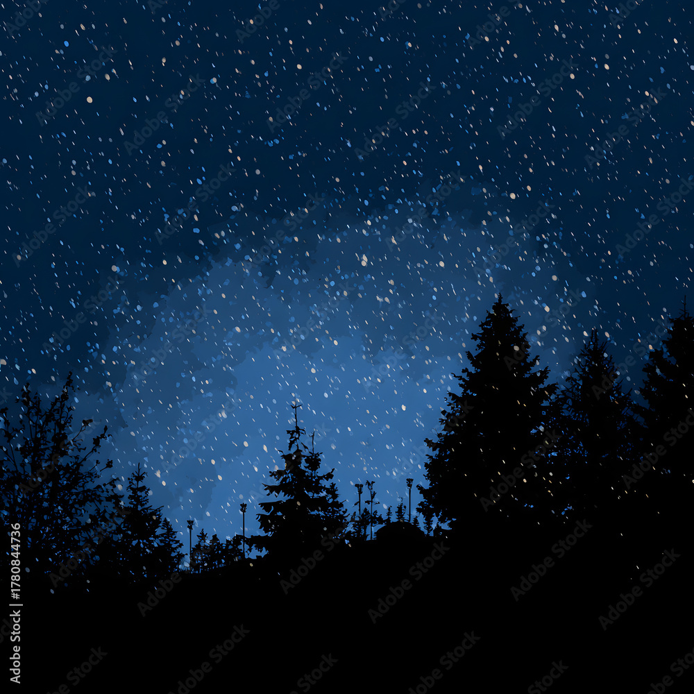 Fototapeta premium A night scene featuring a dark forest silhouette under a sky filled with falling snow and dim lighting