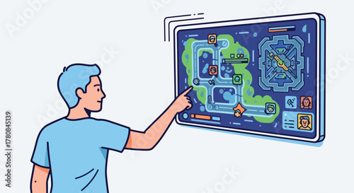 Man interacting with a large digital screen displaying a strategic map interface.