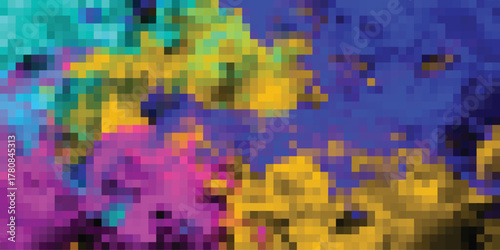 Vibrant Pixelated Abstract Background with Swirling Colors of Teal Blue Purple Yellow and Pink Creating a Dynamic and Energetic Visual Texture for Digital Design and Artistic Concepts