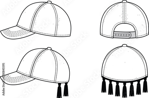 Baseball cap vector set, multiple angles, adjustable strap, tassel detail, fashion sketch, cad drawing flat vector