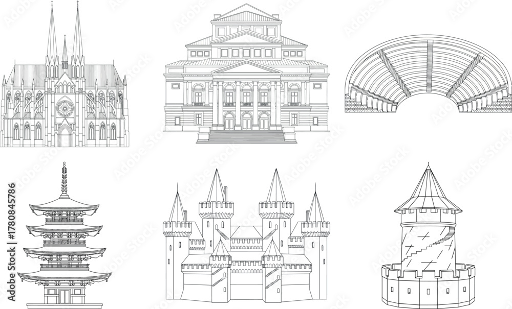 Fototapeta premium Compilation of architectural sketches showcasing various building types