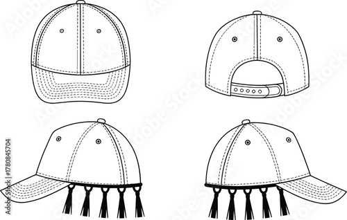 Baseball cap technical sketch, front, side, back views, tassel detail, fashion accessory, cad drawing flat vector illustration