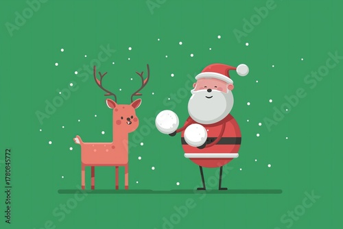 Jolly Claus and playful reindeer enjoying snowball fight on vibrant green background, flat vector cartoon illustration for holiday design