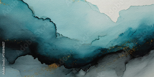 Blue illustration of the world map with blue sky, white clouds, and ice on the river