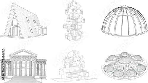 Assortment of architectural drawings featuring diverse building styles