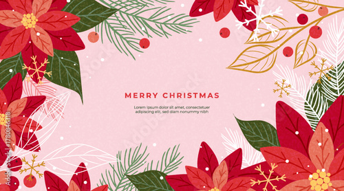 Christmas horizontal greeting banner with hand drawn Poinsettia flowers, fir branches, snowflakes, holly berries. Beautiful Xmas vector design for card, holiday poster, cover.
