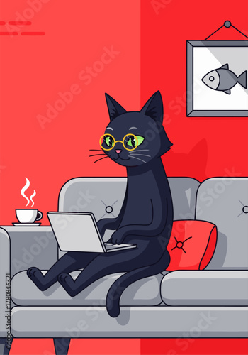 Black Cat Working on Laptop Vector, Freelance and Remote Work Concept