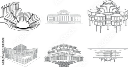 Collection of architectural sketches featuring diverse building styles and historical structures