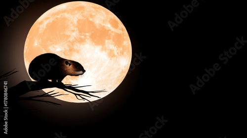 Beaver Moon with Silhouetted Beaver Illustration  