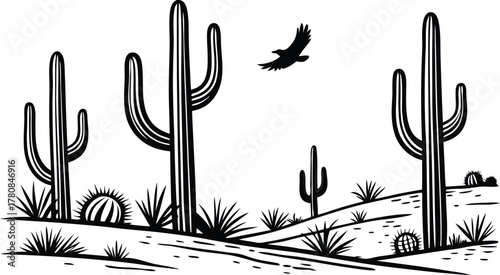 Stunning desert landscape with majestic cacti, soaring eagle and birds in flight, representing freedom, nature, and the American Southwest