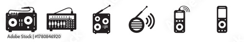 Minimalist radio icons set featuring antenna symbol and various designs. Collection of eight black and white vintage radio icons with antennas. Vector illustration