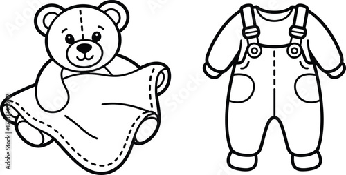 Black and white baby outfit, cartoon teddy bear with blanket, infant clothing sketch, stitched details, children’s design, outline illustration