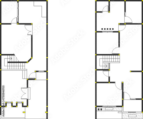 Vector set of two matching architectural floor plans (duplex units) with stairs, long narrow layout, and thick walls. CAD technical drawing.