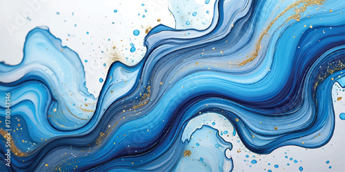 Abstract blue background with flowing liquid waves, a wavy texture pattern, and a hint of gold light and 3D illustration design