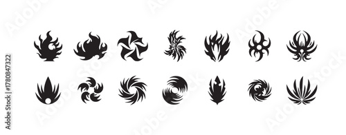 Abstract Geomatic Shape bundle circle leaf fire water bird wing spiral motion texture whirl flow energy flower outline symbol icon logo set vintage retro decorative. Vector illustration.