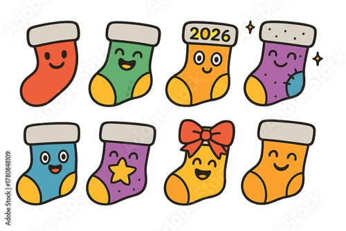 Colorful cartoon stockings for a festive celebration in 2026 with cheerful designs and playful expressions