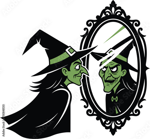 Cartoon witch looking at her reflection in the mirror isolated on white background