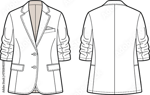 Blazer jacket technical sketch, front and back views, fashion design details, cad drawing flat vector illustration, tailored style