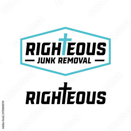 Two logos for Righteous Junk Removal, featuring a bold black font with a light blue cross replacing the 'T' in 'Righteous'.