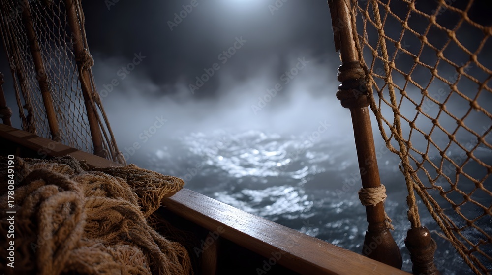 Obraz premium View from a ship s deck at night during a storm with rough seas mist and moonlight illuminating the water