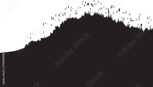 Black silhouette of grassy hill with white background