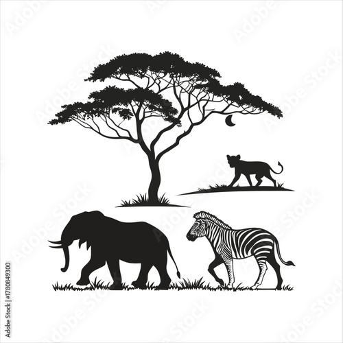 wild animals silhouette at sunset in nature landscape