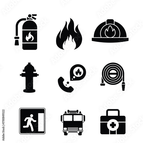 Fire safety equipment and emergency icons.