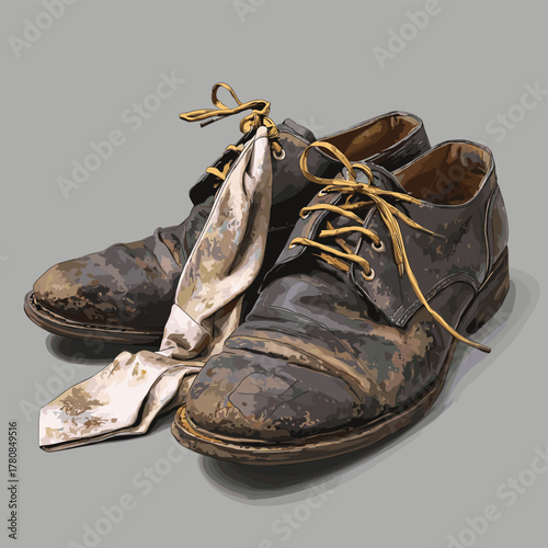 Vector illustration of a pair of dirty dress shoes with a scruched up tie