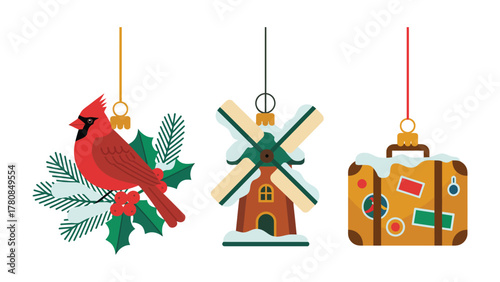 Festive Ornaments: Charming illustrated ornaments bring holiday cheer. A beautiful red cardinal perches on holly and pine. A miniature windmill stands tall, dusted with snow. A vintage suitcase.