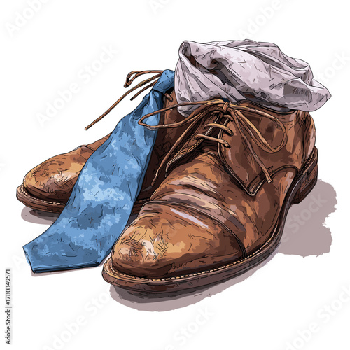 Vector illustration of a pair of dirty dress shoes with a scruched up tie