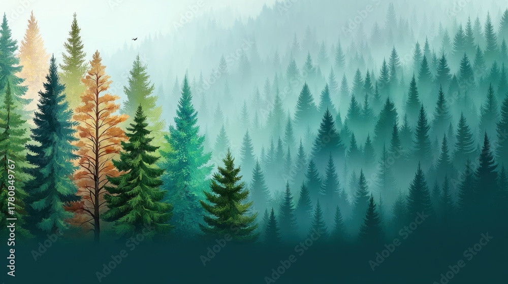 Fototapeta premium Misty Forest: Abstract Evergreen Trees in Shades of Green