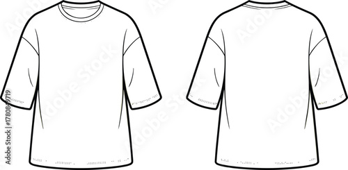 CAD drawing flat vector illustration, relaxed fit T-shirt sketch, front and back view, crew neck, fashion flats, apparel design