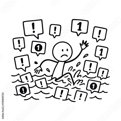 Cartoon person overwhelmed by digital alerts and notifications in water, vector, tracing