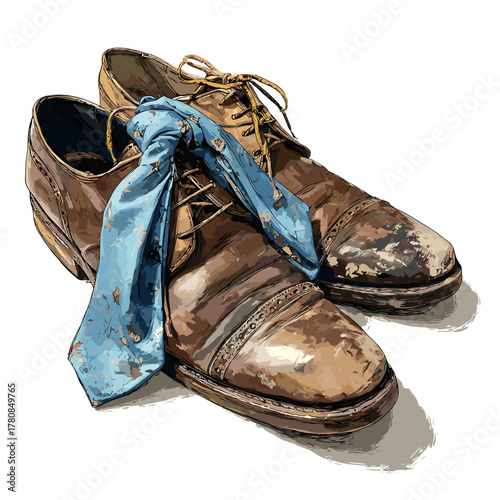 Vector illustration of a pair of dirty dress shoes with a scruched up tie
