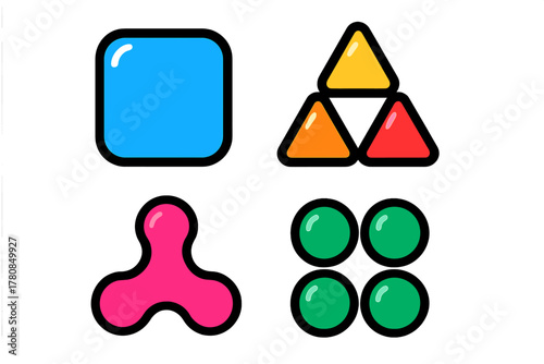 Bold and colorful geometric shapes displayed on a white background with bright colors and clear lines