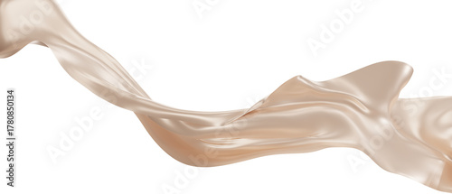 Flying beige silk textile fabric flag background. Smooth elegant beige Satin Isolated on white Background for grand opening ceremony. Flying cream silk vertical image. 3d png illustration