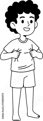 Black and White Cartoon Kid Getting Dressed Vector — Coloring Page