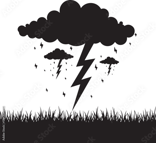 Black silhouette storm clouds lightning rain over grass