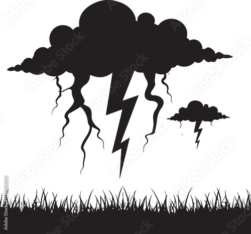 Black silhouette of storm clouds with lightning over grass
