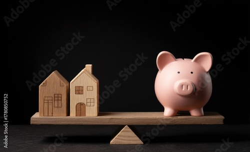 Wooden model houses and a pink piggy bank balancing on a seesaw, symbolizing the cost of real estate and savings.
